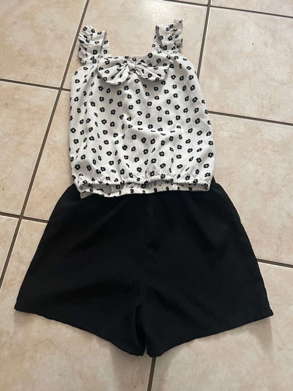 Girls Black & White Floral Tank + Black Shorts Matching Set